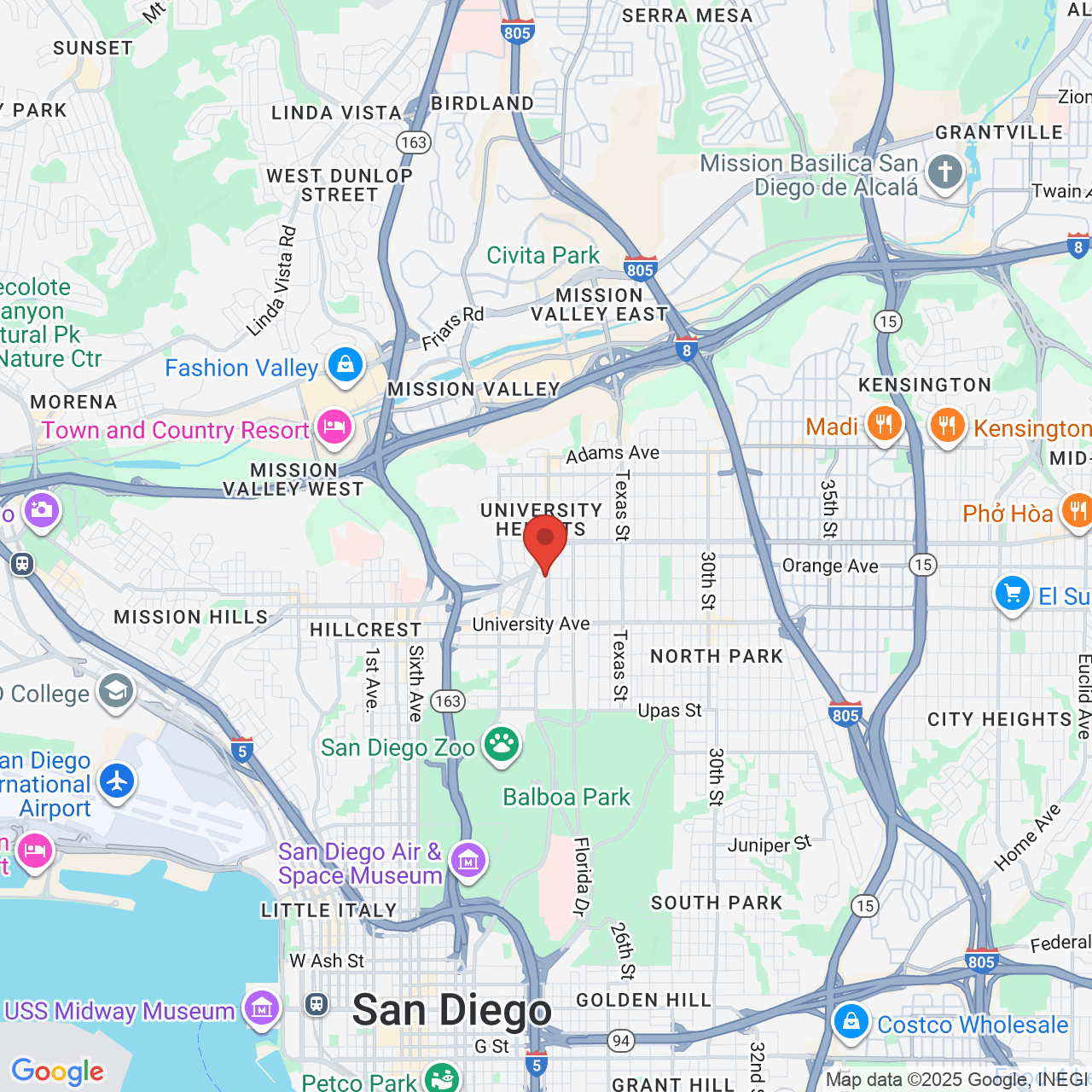Google map image of our location in 4096 Park Blvd. San Diego, CA